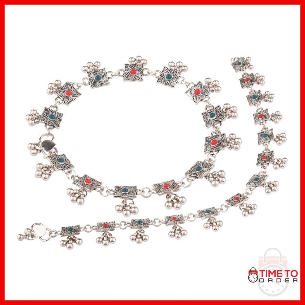 Silver Tone Bell Charms Tassel Chain Anklet Set Bracelet Payal Foot Jewelry